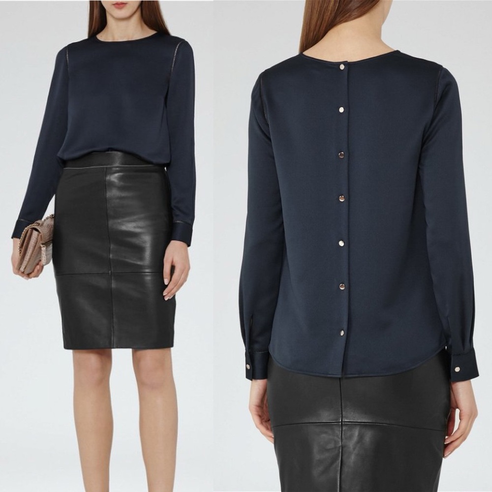 REISS Cecile Long Sleeved Blouse Navy